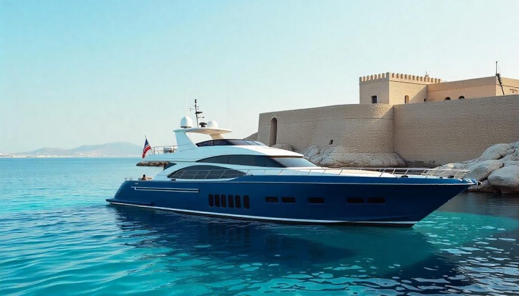 Yacht by Rhodes Old Town, highlighting a Greek Islands yachting odyssey in 2025.